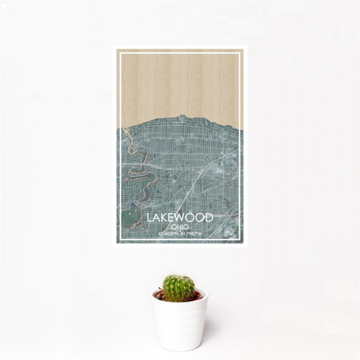 12x18 Lakewood Ohio Map Print Portrait Orientation in Afternoon Style With Small Cactus Plant in White Planter