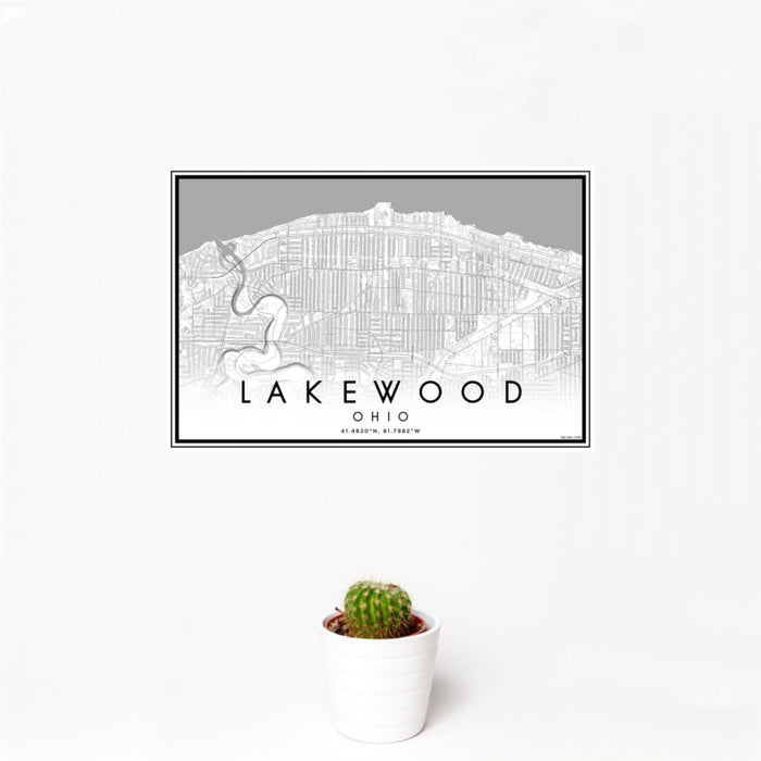 12x18 Lakewood Ohio Map Print Landscape Orientation in Classic Style With Small Cactus Plant in White Planter