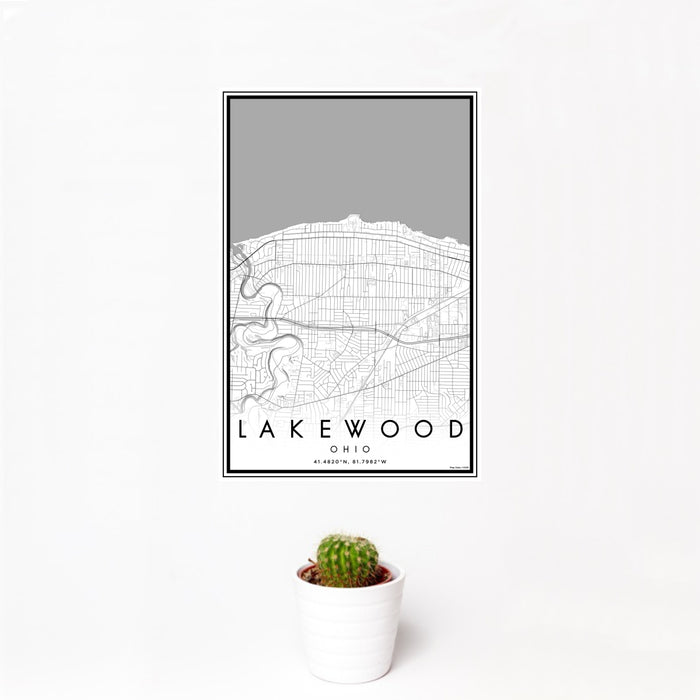 12x18 Lakewood Ohio Map Print Portrait Orientation in Classic Style With Small Cactus Plant in White Planter