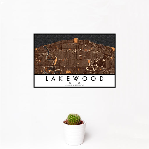 12x18 Lakewood Ohio Map Print Landscape Orientation in Ember Style With Small Cactus Plant in White Planter