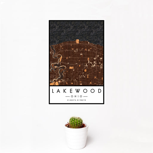 12x18 Lakewood Ohio Map Print Portrait Orientation in Ember Style With Small Cactus Plant in White Planter