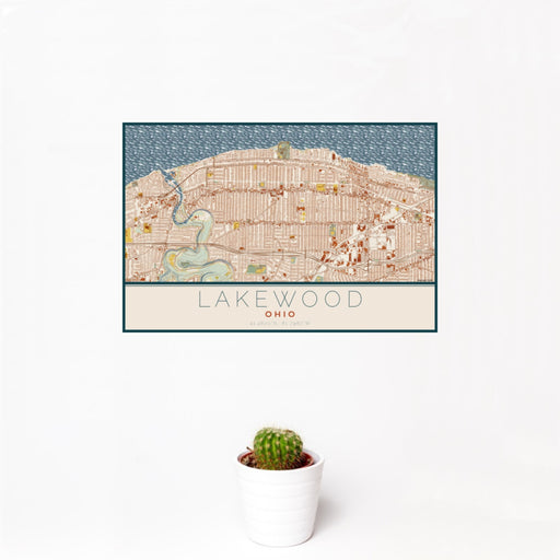 12x18 Lakewood Ohio Map Print Landscape Orientation in Woodblock Style With Small Cactus Plant in White Planter
