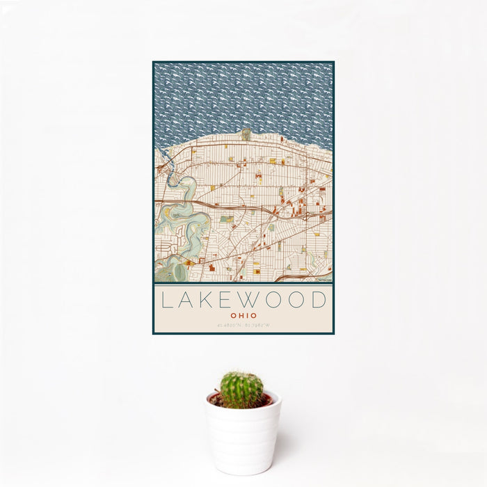 12x18 Lakewood Ohio Map Print Portrait Orientation in Woodblock Style With Small Cactus Plant in White Planter