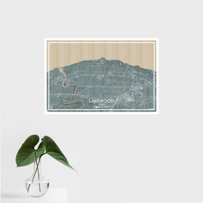 16x24 Lakewood Ohio Map Print Landscape Orientation in Afternoon Style With Tropical Plant Leaves in Water