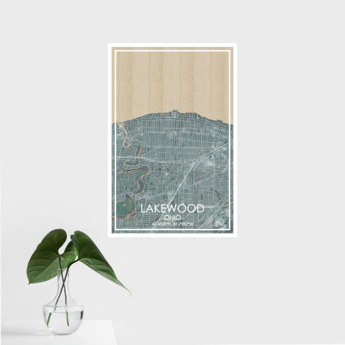 16x24 Lakewood Ohio Map Print Portrait Orientation in Afternoon Style With Tropical Plant Leaves in Water