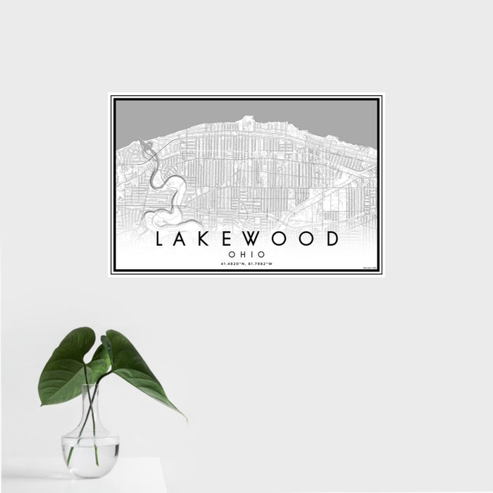 16x24 Lakewood Ohio Map Print Landscape Orientation in Classic Style With Tropical Plant Leaves in Water