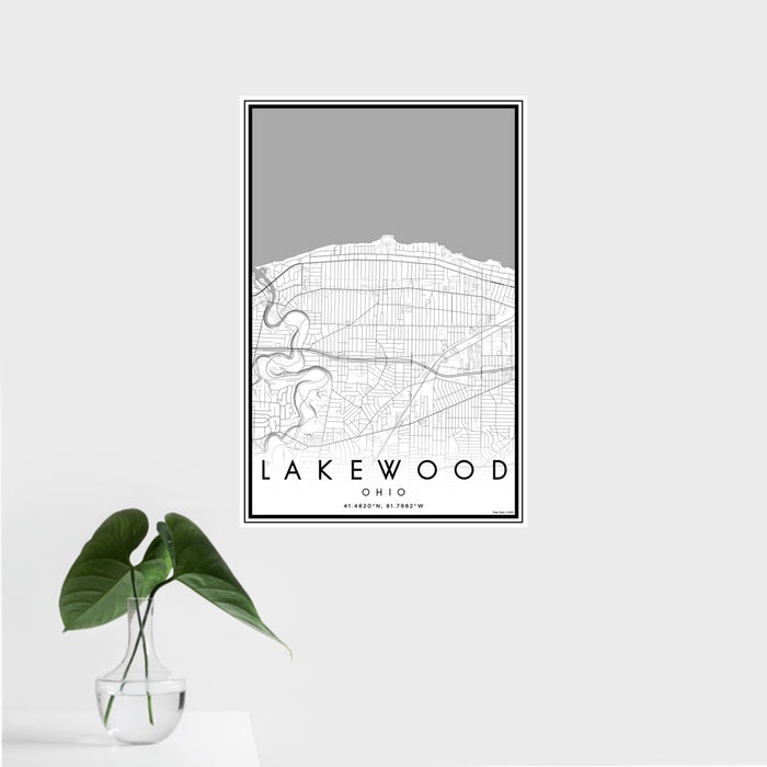 16x24 Lakewood Ohio Map Print Portrait Orientation in Classic Style With Tropical Plant Leaves in Water