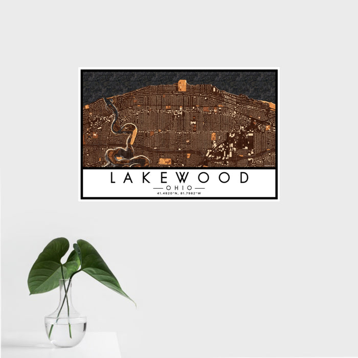 16x24 Lakewood Ohio Map Print Landscape Orientation in Ember Style With Tropical Plant Leaves in Water