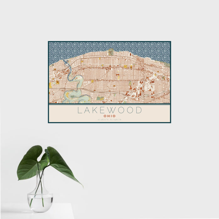 16x24 Lakewood Ohio Map Print Landscape Orientation in Woodblock Style With Tropical Plant Leaves in Water