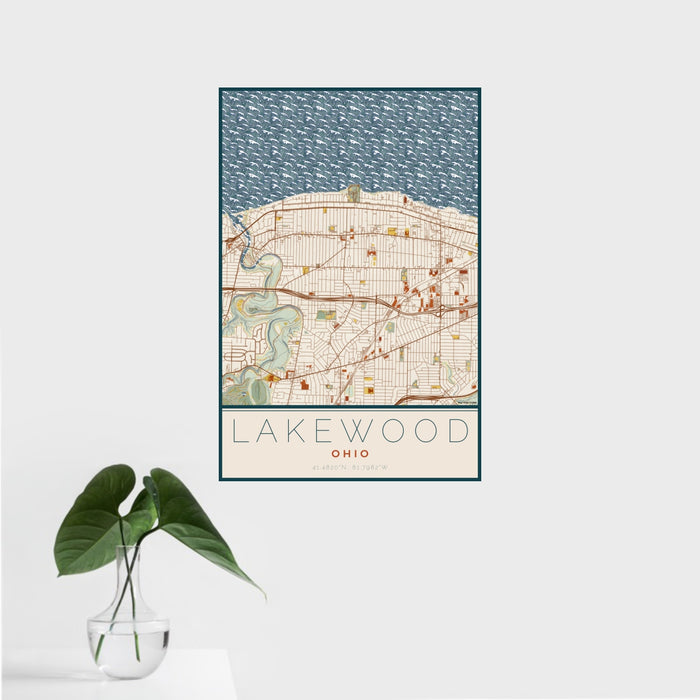 16x24 Lakewood Ohio Map Print Portrait Orientation in Woodblock Style With Tropical Plant Leaves in Water