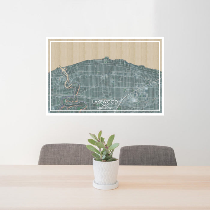 24x36 Lakewood Ohio Map Print Lanscape Orientation in Afternoon Style Behind 2 Chairs Table and Potted Plant