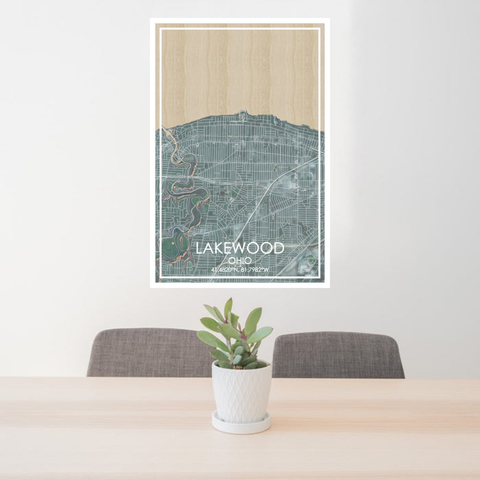 24x36 Lakewood Ohio Map Print Portrait Orientation in Afternoon Style Behind 2 Chairs Table and Potted Plant