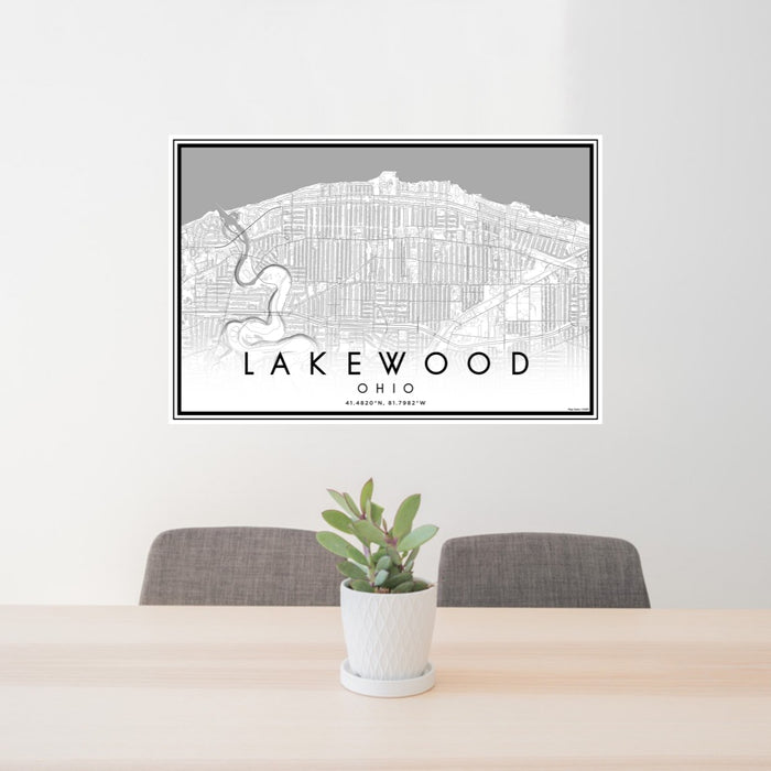 24x36 Lakewood Ohio Map Print Lanscape Orientation in Classic Style Behind 2 Chairs Table and Potted Plant