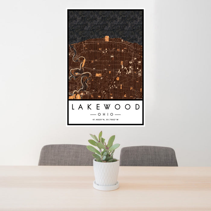 24x36 Lakewood Ohio Map Print Portrait Orientation in Ember Style Behind 2 Chairs Table and Potted Plant