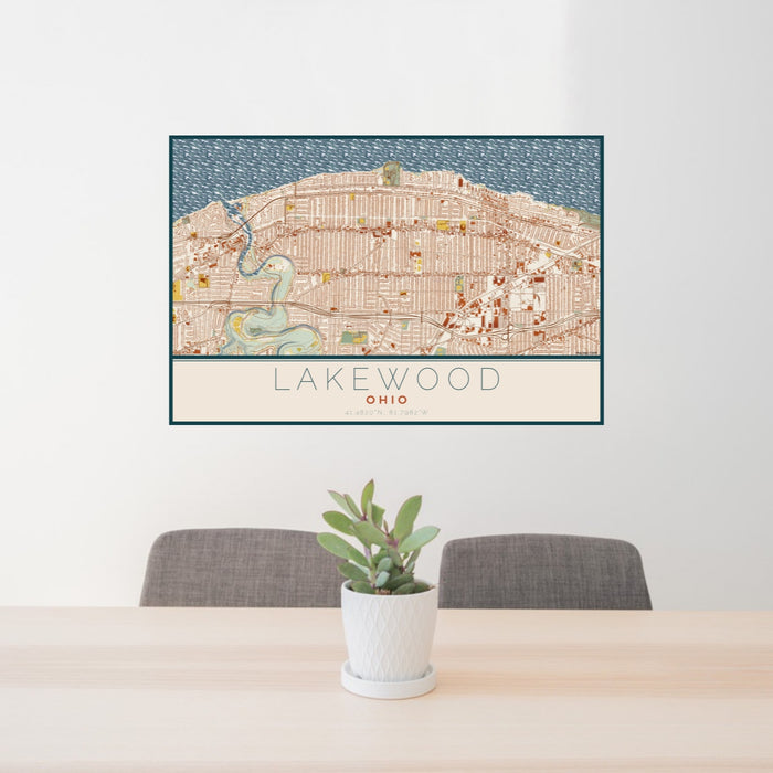 24x36 Lakewood Ohio Map Print Lanscape Orientation in Woodblock Style Behind 2 Chairs Table and Potted Plant