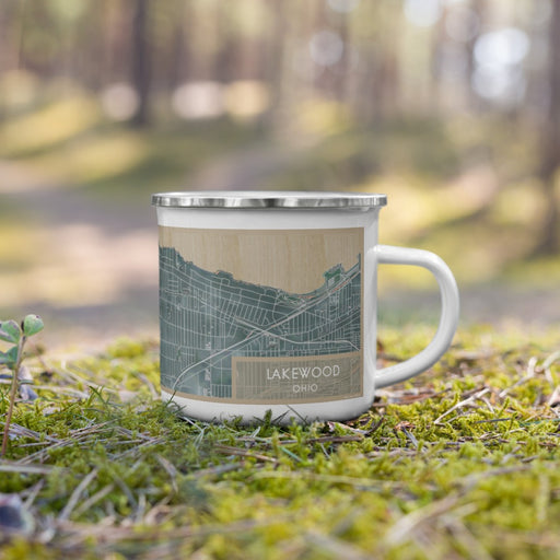 Right View Custom Lakewood Ohio Map Enamel Mug in Afternoon on Grass With Trees in Background