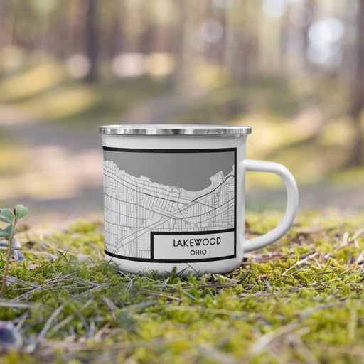 Right View Custom Lakewood Ohio Map Enamel Mug in Classic on Grass With Trees in Background
