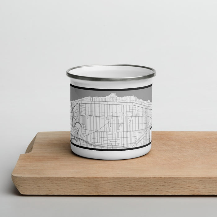 Front View Custom Lakewood Ohio Map Enamel Mug in Classic on Cutting Board