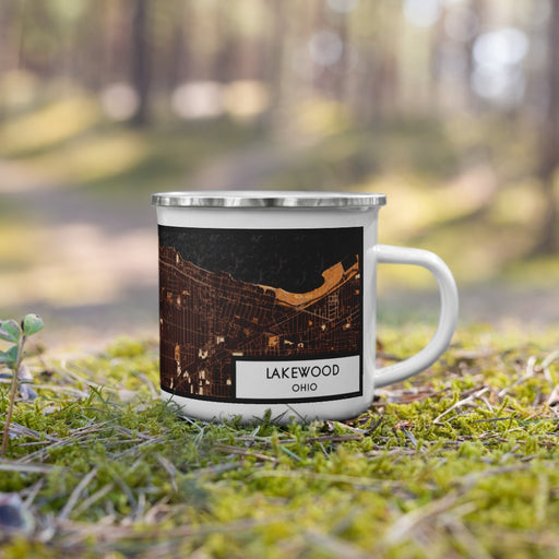 Right View Custom Lakewood Ohio Map Enamel Mug in Ember on Grass With Trees in Background