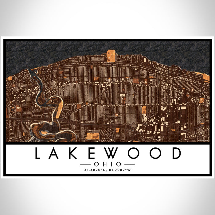 Lakewood Ohio Map Print Landscape Orientation in Ember Style With Shaded Background