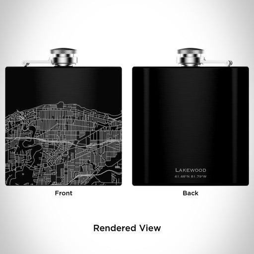 Rendered View of Lakewood Ohio Map Engraving on 6oz Stainless Steel Flask in Black