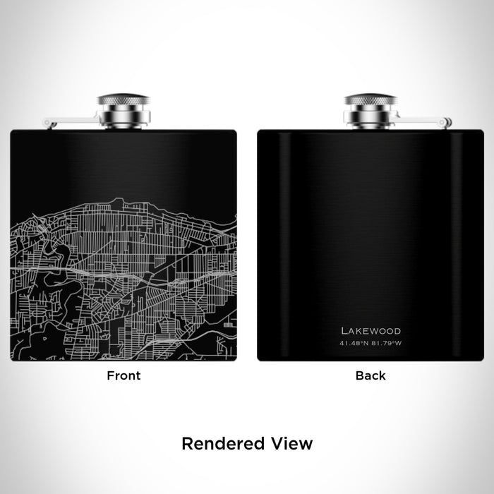 Rendered View of Lakewood Ohio Map Engraving on 6oz Stainless Steel Flask in Black