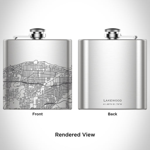 Rendered View of Lakewood Ohio Map Engraving on 6oz Stainless Steel Flask