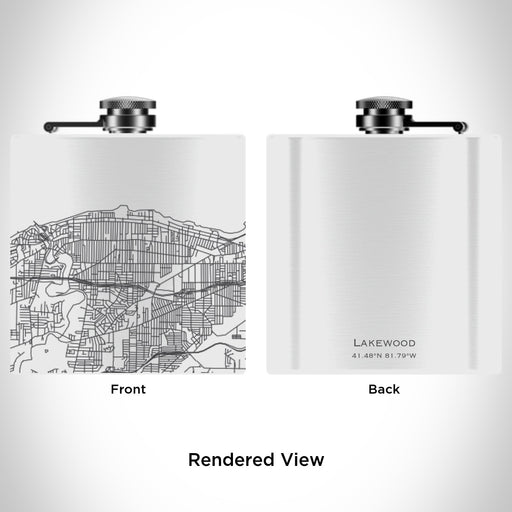 Rendered View of Lakewood Ohio Map Engraving on 6oz Stainless Steel Flask in White