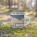 Right View Custom Lakewood Ohio Map Enamel Mug in Woodblock on Grass With Trees in Background