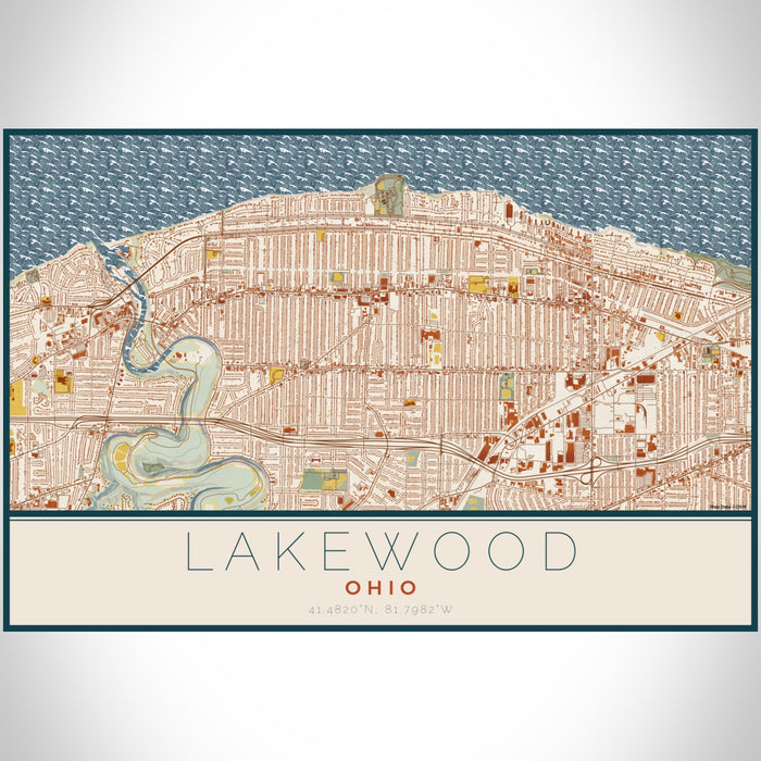 Lakewood Ohio Map Print Landscape Orientation in Woodblock Style With Shaded Background