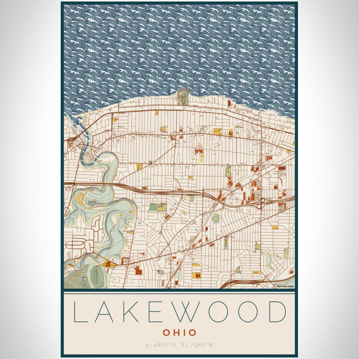 Lakewood Ohio Map Print Portrait Orientation in Woodblock Style With Shaded Background