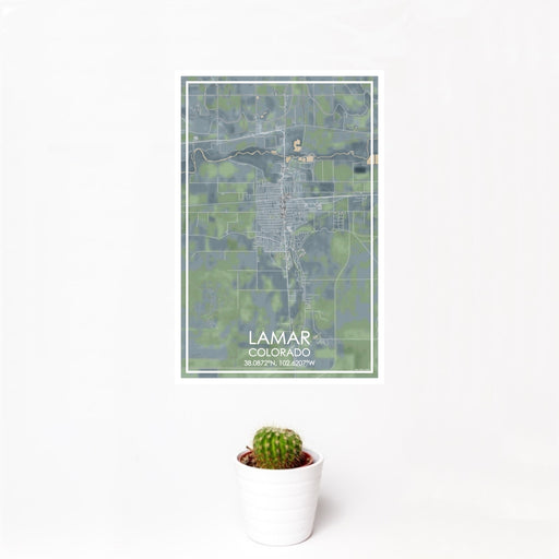 12x18 Lamar Colorado Map Print Portrait Orientation in Afternoon Style With Small Cactus Plant in White Planter