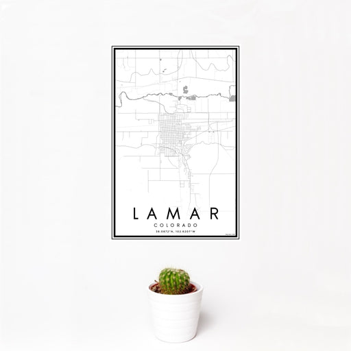 12x18 Lamar Colorado Map Print Portrait Orientation in Classic Style With Small Cactus Plant in White Planter