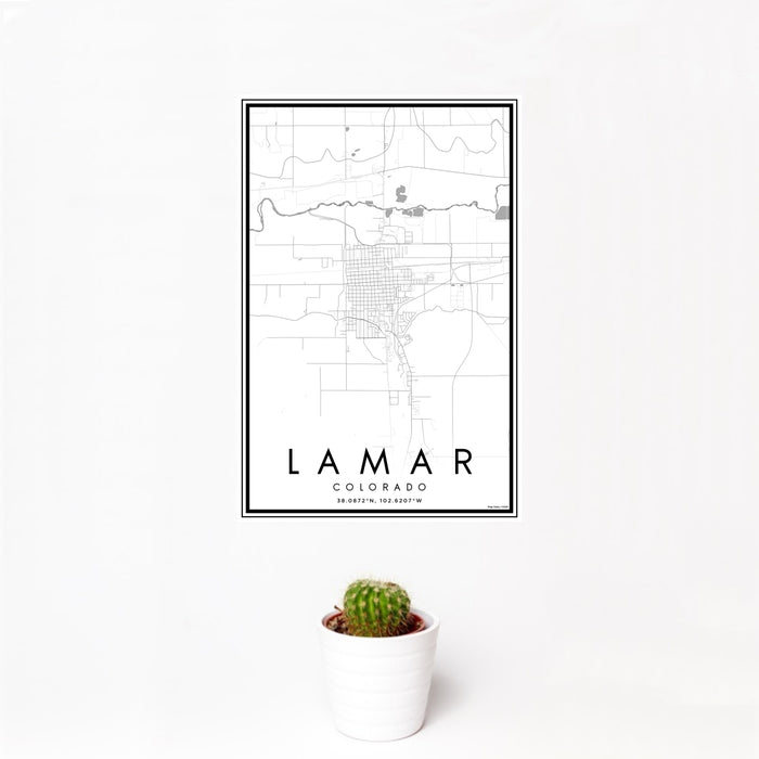 12x18 Lamar Colorado Map Print Portrait Orientation in Classic Style With Small Cactus Plant in White Planter