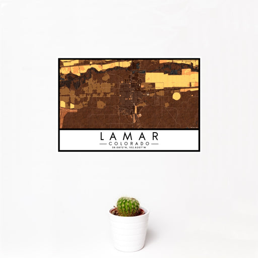 12x18 Lamar Colorado Map Print Landscape Orientation in Ember Style With Small Cactus Plant in White Planter