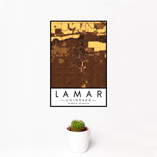12x18 Lamar Colorado Map Print Portrait Orientation in Ember Style With Small Cactus Plant in White Planter