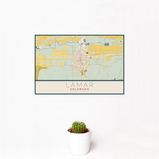 12x18 Lamar Colorado Map Print Landscape Orientation in Woodblock Style With Small Cactus Plant in White Planter