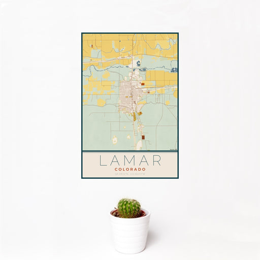 12x18 Lamar Colorado Map Print Portrait Orientation in Woodblock Style With Small Cactus Plant in White Planter