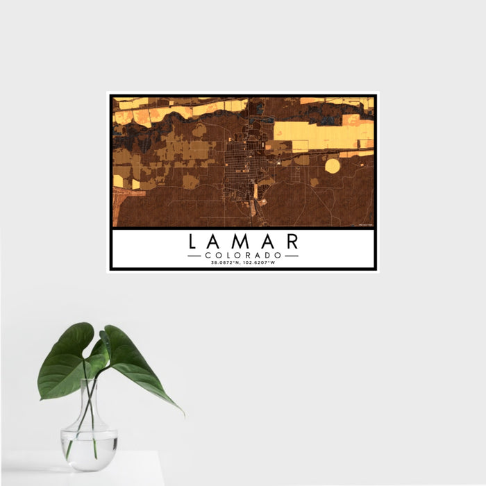 16x24 Lamar Colorado Map Print Landscape Orientation in Ember Style With Tropical Plant Leaves in Water