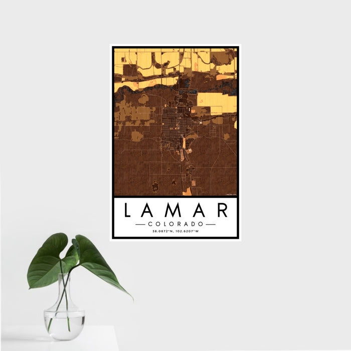 16x24 Lamar Colorado Map Print Portrait Orientation in Ember Style With Tropical Plant Leaves in Water