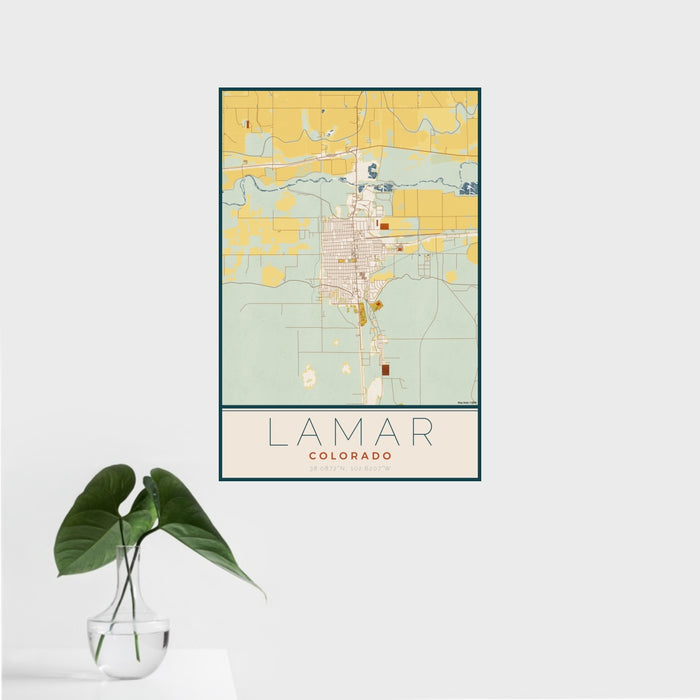 16x24 Lamar Colorado Map Print Portrait Orientation in Woodblock Style With Tropical Plant Leaves in Water