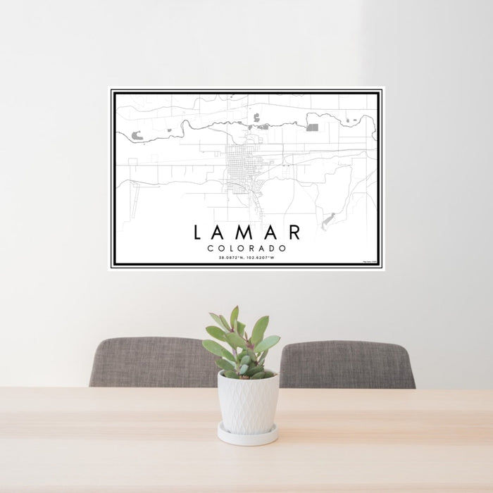 24x36 Lamar Colorado Map Print Lanscape Orientation in Classic Style Behind 2 Chairs Table and Potted Plant