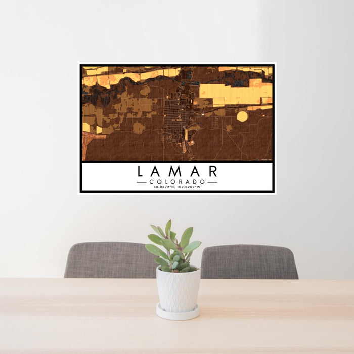 24x36 Lamar Colorado Map Print Lanscape Orientation in Ember Style Behind 2 Chairs Table and Potted Plant