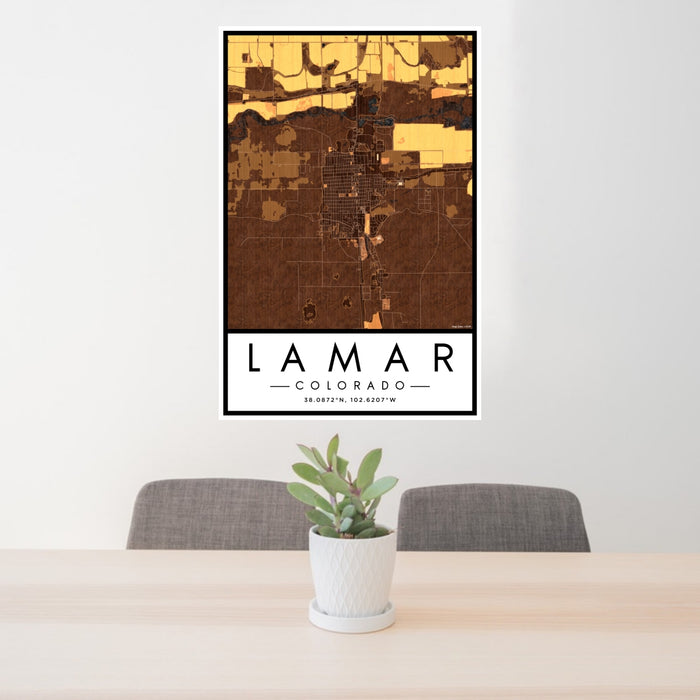 24x36 Lamar Colorado Map Print Portrait Orientation in Ember Style Behind 2 Chairs Table and Potted Plant