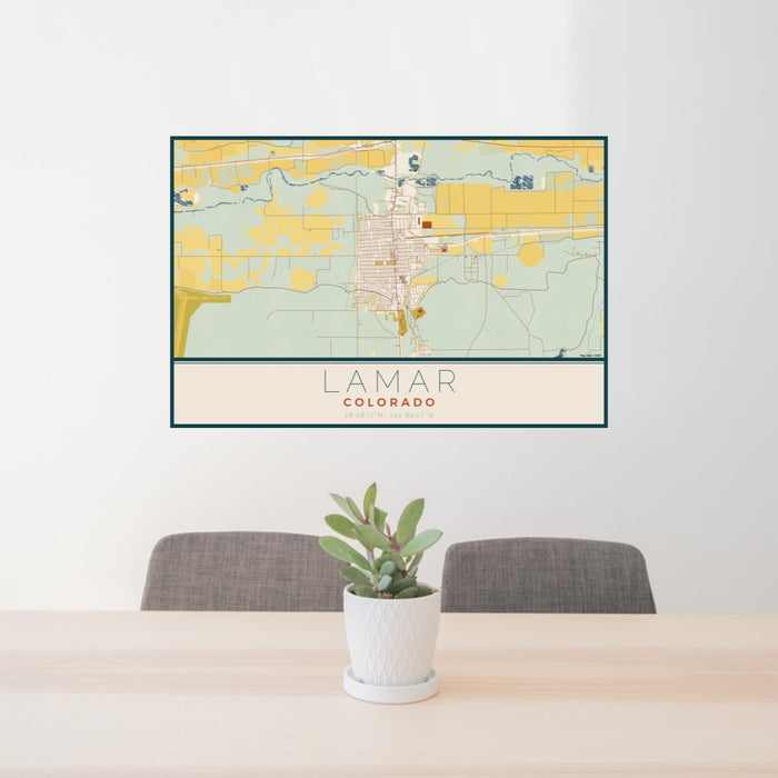 24x36 Lamar Colorado Map Print Lanscape Orientation in Woodblock Style Behind 2 Chairs Table and Potted Plant