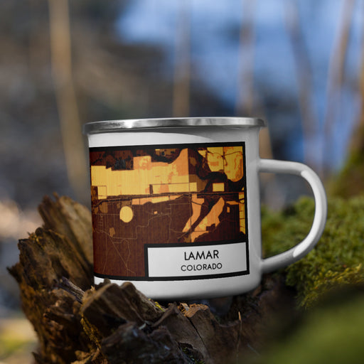 Right View Custom Lamar Colorado Map Enamel Mug in Ember on Grass With Trees in Background