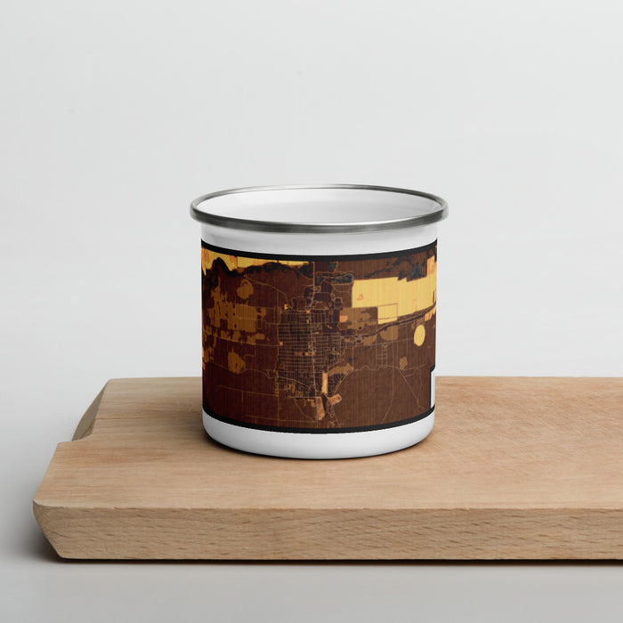 Front View Custom Lamar Colorado Map Enamel Mug in Ember on Cutting Board