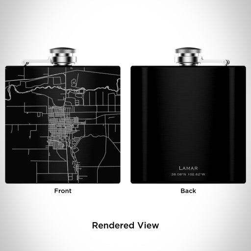 Rendered View of Lamar Colorado Map Engraving on 6oz Stainless Steel Flask in Black