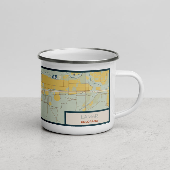 Right View Custom Lamar Colorado Map Enamel Mug in Woodblock