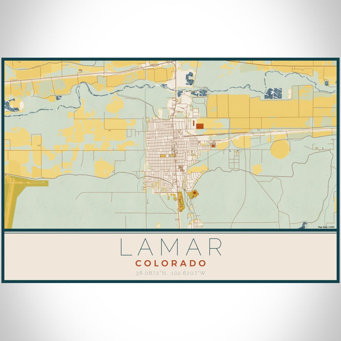 Lamar Colorado Map Print Landscape Orientation in Woodblock Style With Shaded Background